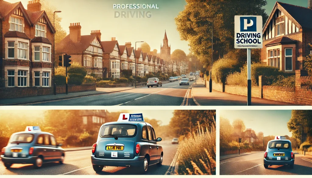 A scenic road in Pinner, UK, during daylight, featuring light traffic, greenery, and a professional driving school car with a visible 'L' plate.