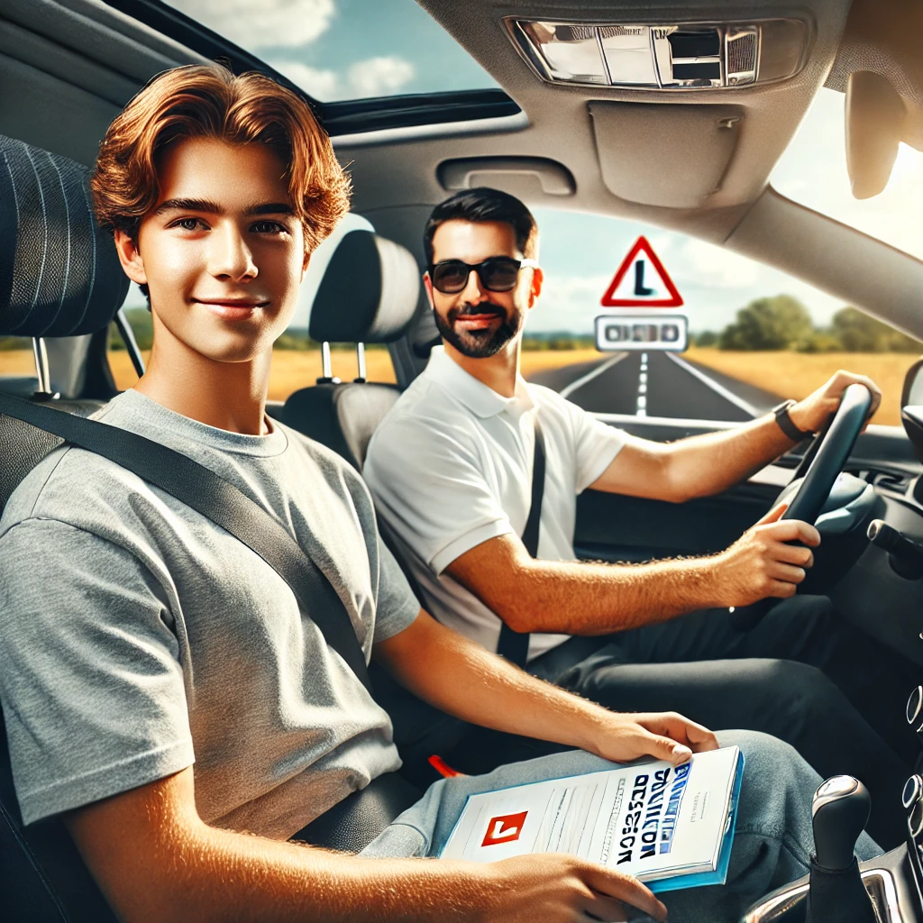 A confident student and driving instructor inside a car, with the student at the wheel on a UK-style road, emphasizing a professional driving lesson setting